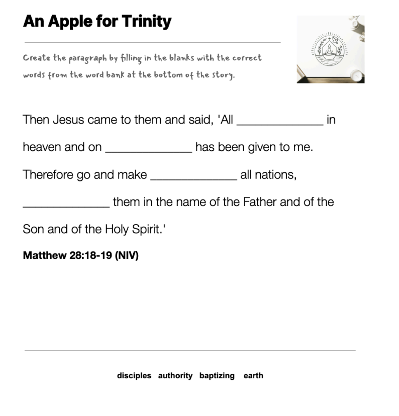 An Apple for Trinity fill-in-the-blank